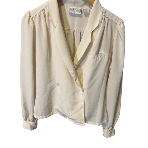 Vintage 90s Cream Donna Berns Silk Blouse With Button Cuffs Pleated Shoulders - Picture 1 of 7